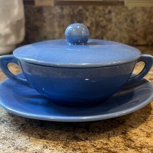 Vintage Stangl Pottery Covered Soup Bowl, Double Handled Tea Cup Blue